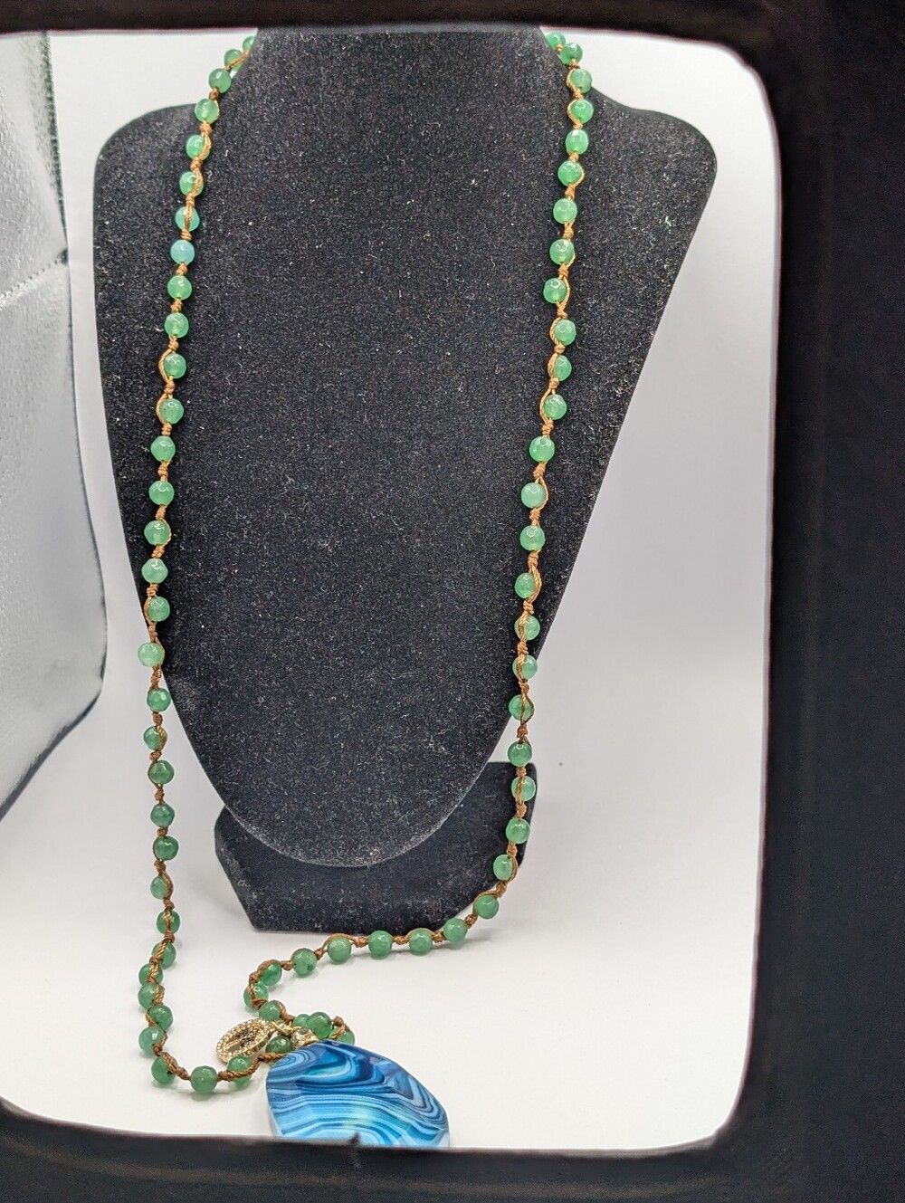 Green Beaded Long Necklace with Blue Agate Pendant